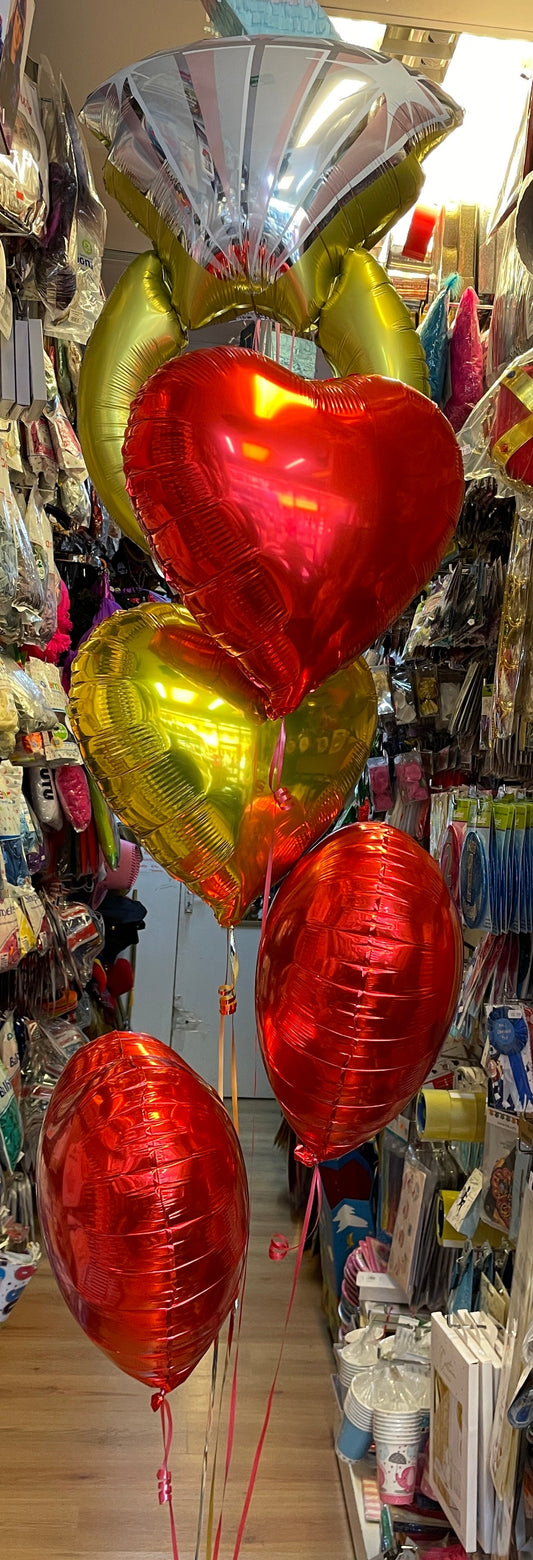 Engagement ring & Red & Gold Heart Shaped Foil Balloons