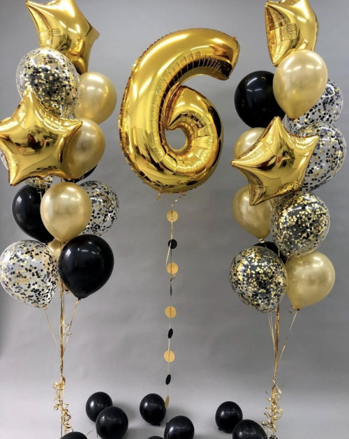 Gold Foil Number 6 with Chrome Latex Confetti Balloons