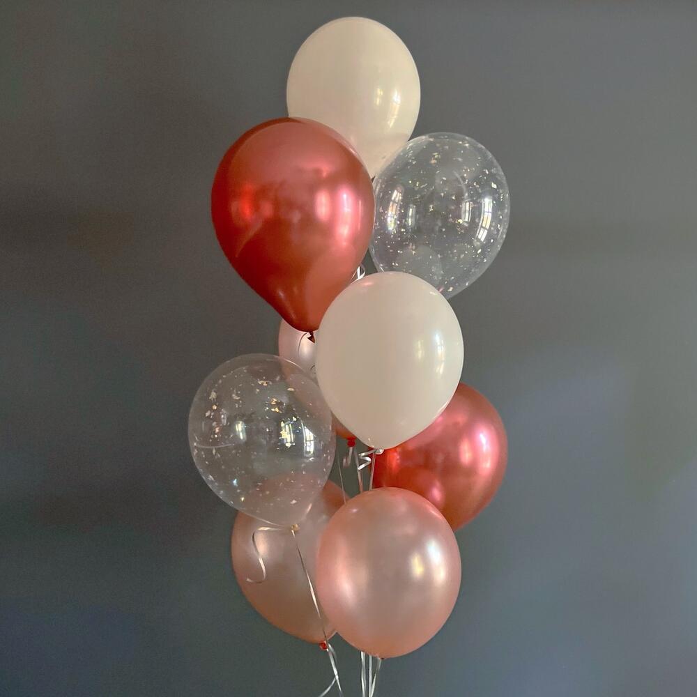Rose gold and confetti latex balloon bouquet with 10 balloons for celebrations in London
