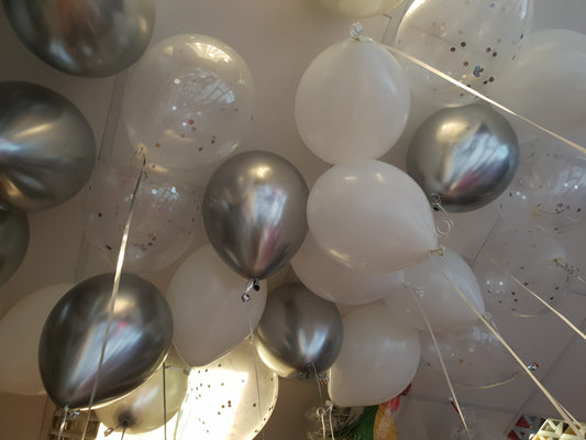 50 Chrome Silver with White Helium Ceiling Balloons