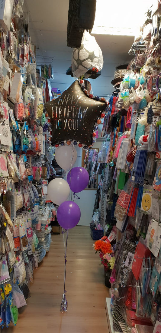 Happy Birthday with Purple and White Balloons